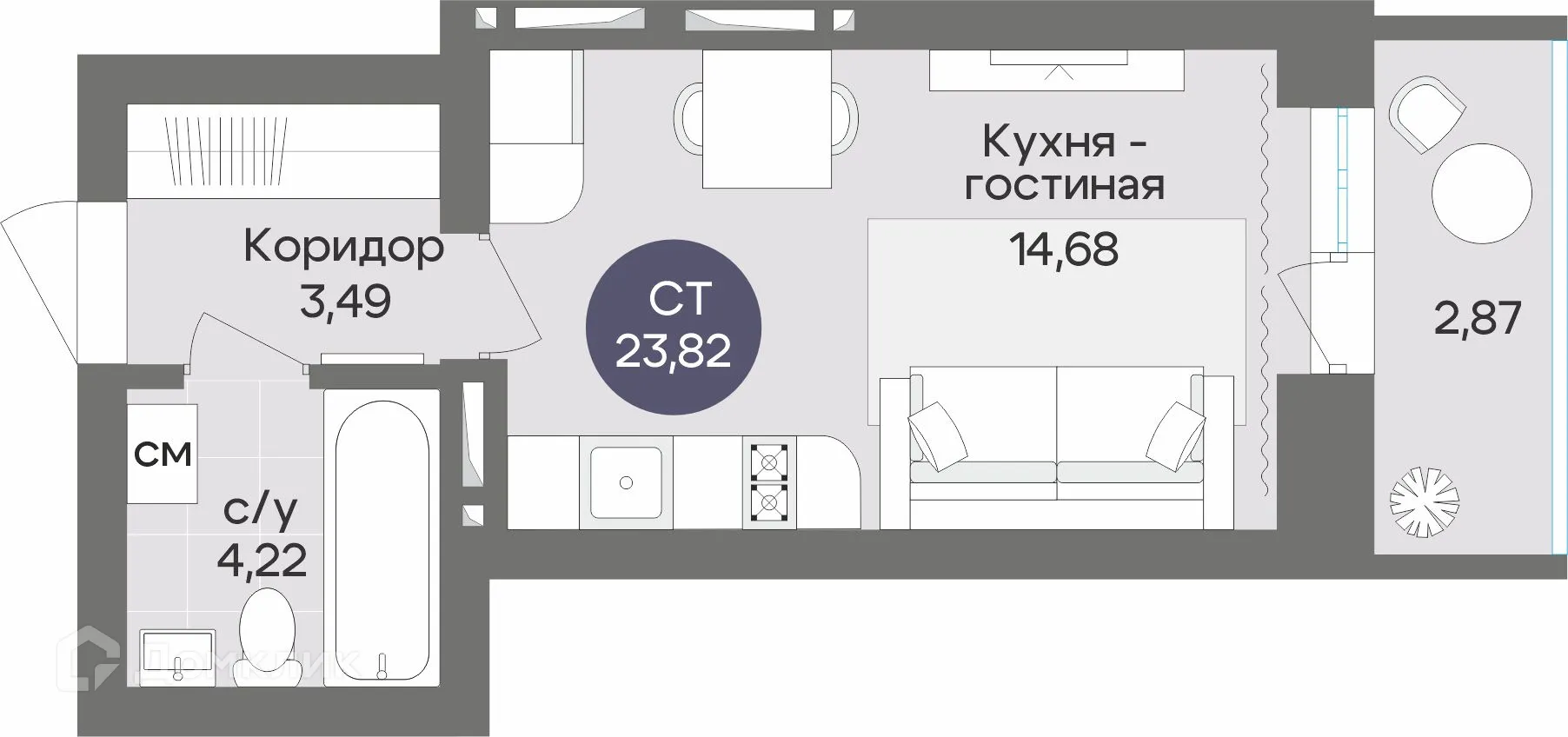 Планировка студии квартиры 23.82 м² в ЖК Жилой дом по ул. Рубиновая, г. Новосибирск — фото 1
