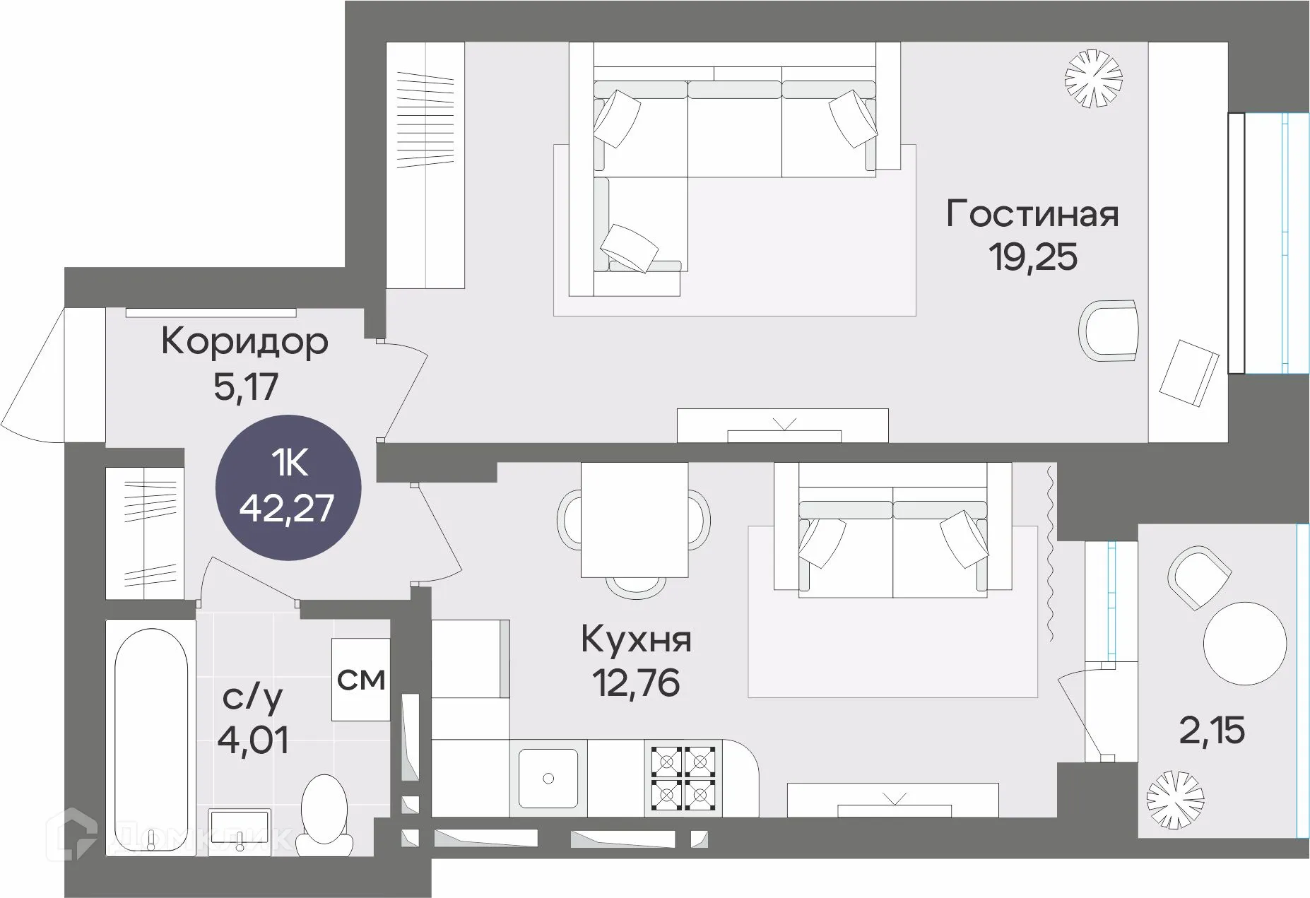 Планировка 1-комнатной квартиры 42.27 м² в ЖК Жилой дом по ул. Рубиновая, г. Новосибирск — фото 1