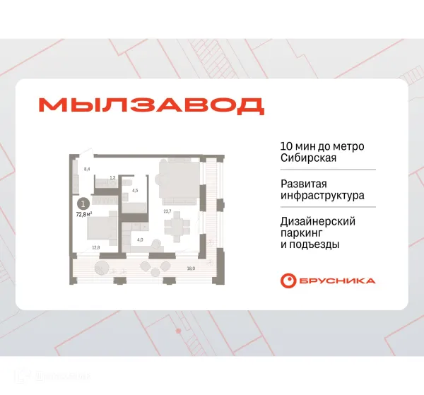 Планировка 1 комн. в ЖК Мылзавод