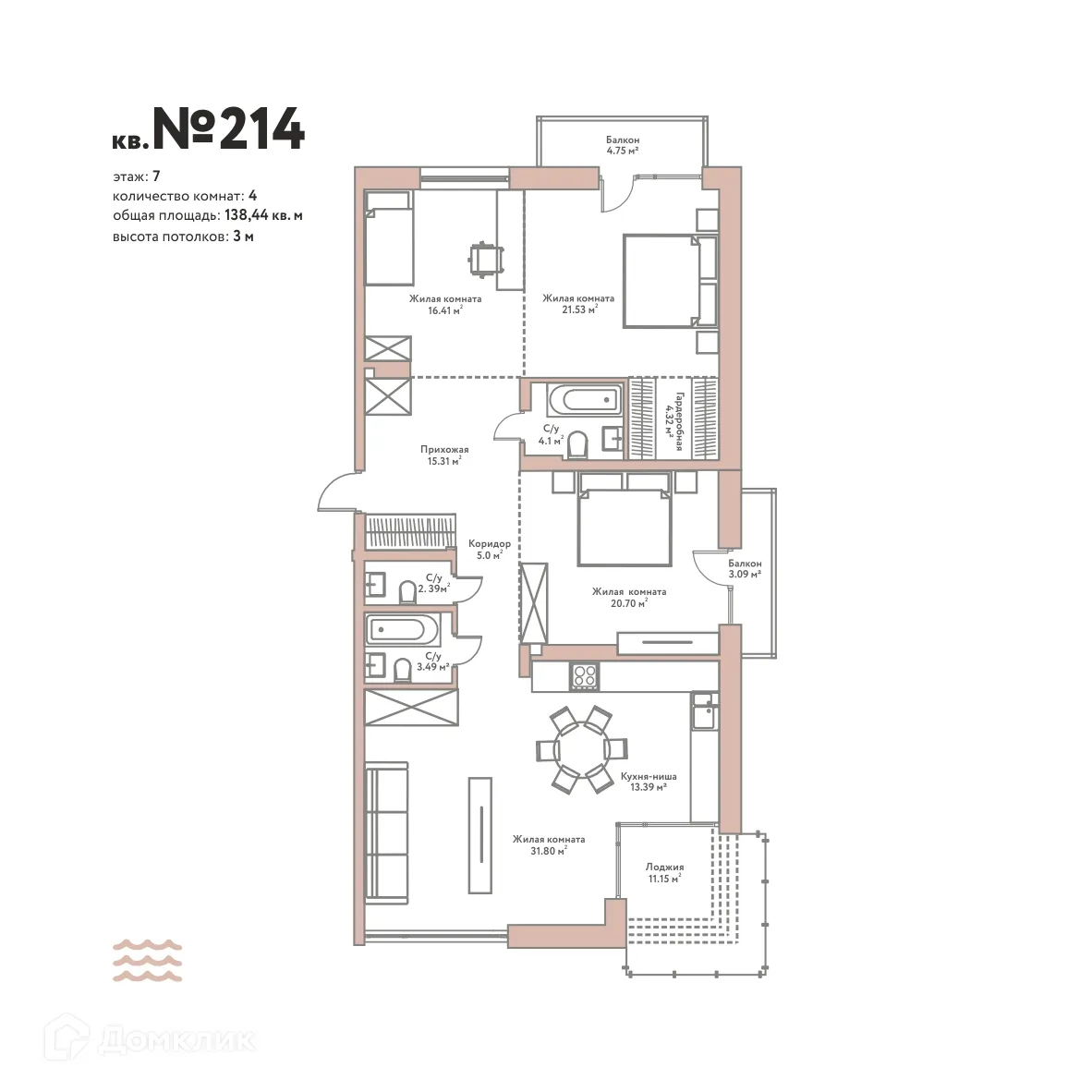 Планировка 4-комнатной квартиры 138.96 м² в ЖК "Эко-квартал Flora&Fauna (Эко-квартал Флора и Фауна)", г. Новосибирск — фото 1