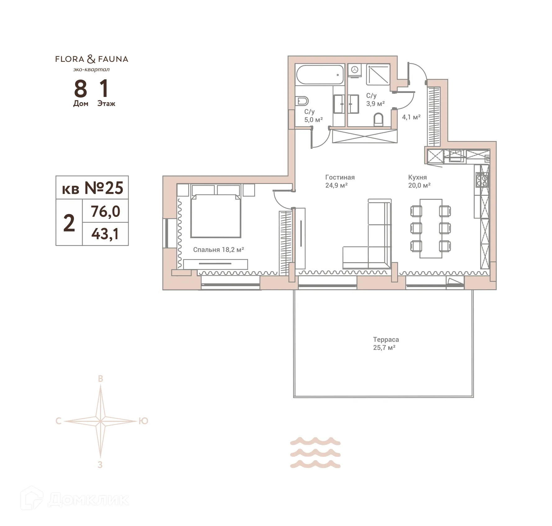 Планировка 2-комнатной квартиры 76 м² в ЖК "Эко-квартал Flora&Fauna (Эко-квартал Флора и Фауна)", г. Новосибирск — фото 1