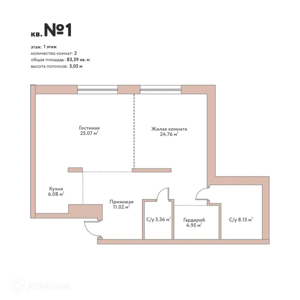 Планировка 2 комн. в ЖК "Эко-квартал Flora&Fauna (Эко-квартал Флора и Фауна)"