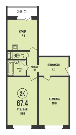 Планировка 2-комнатной квартиры 67.4 м² в ЖК Династия.Квартал поколений, г. Новосибирск — фото 1
