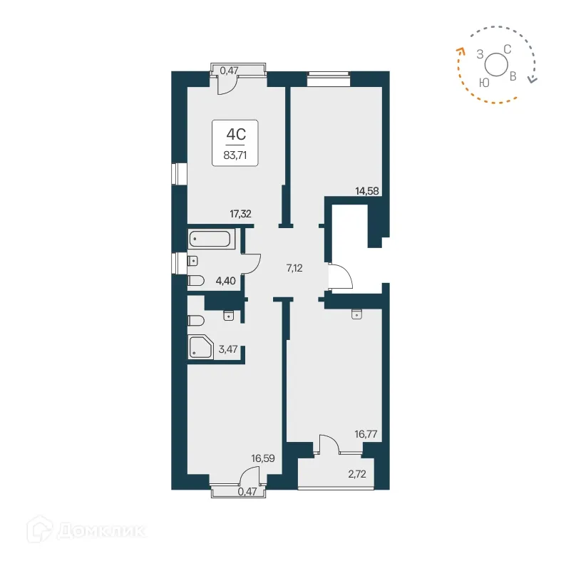 Планировка 4-комнатной квартиры 83.7 м² в ЖК Расцветай на Красном, г. Новосибирск — фото 1