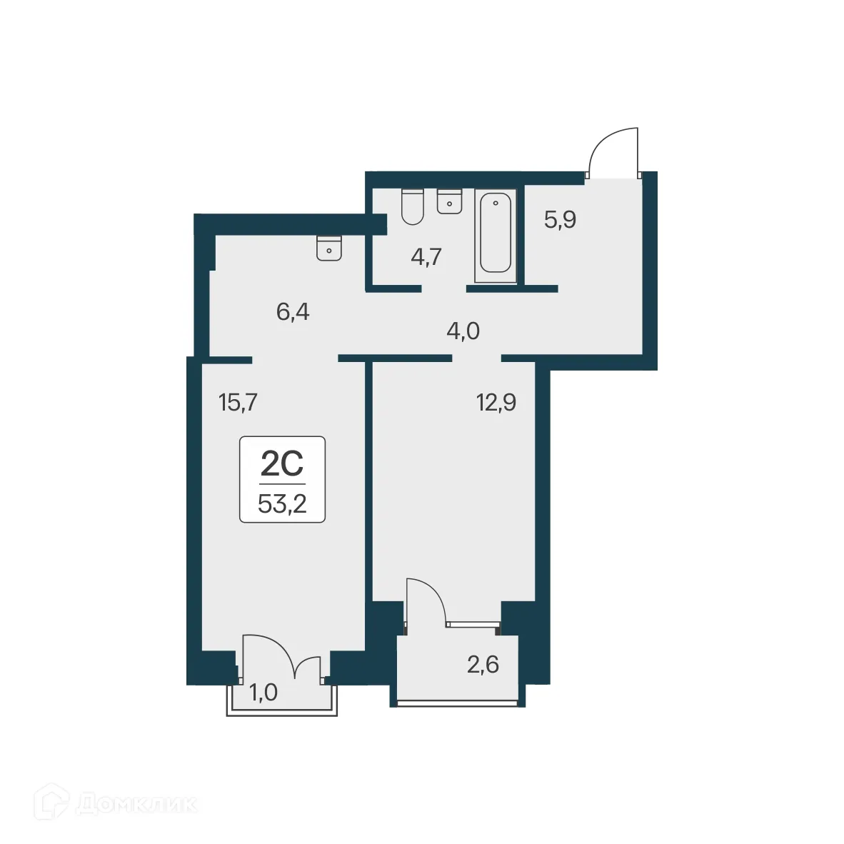 Планировка 2-комнатной квартиры 53.2 м² в ЖК Расцветай на Красном, г. Новосибирск — фото 1