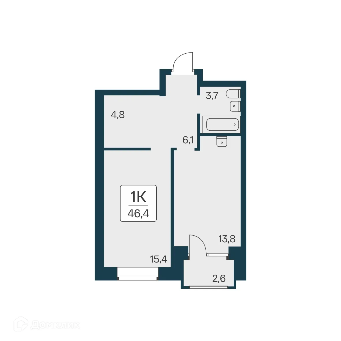Планировка 1-комнатной квартиры 46.4 м² в ЖК Расцветай на Красном, г. Новосибирск — фото 1