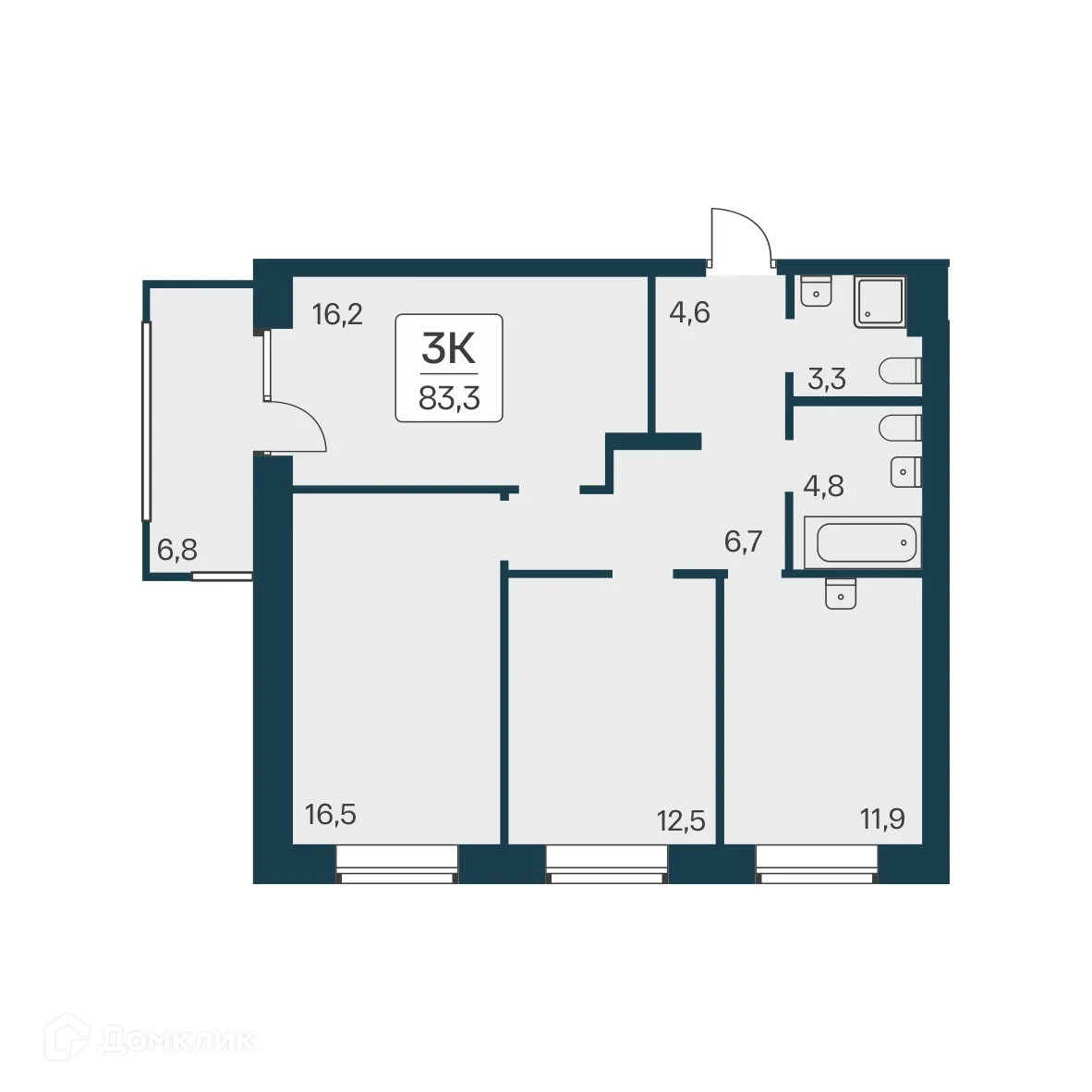 Планировка 3-комнатной квартиры 83.3 м² в ЖК Расцветай на Красном, г. Новосибирск — фото 1