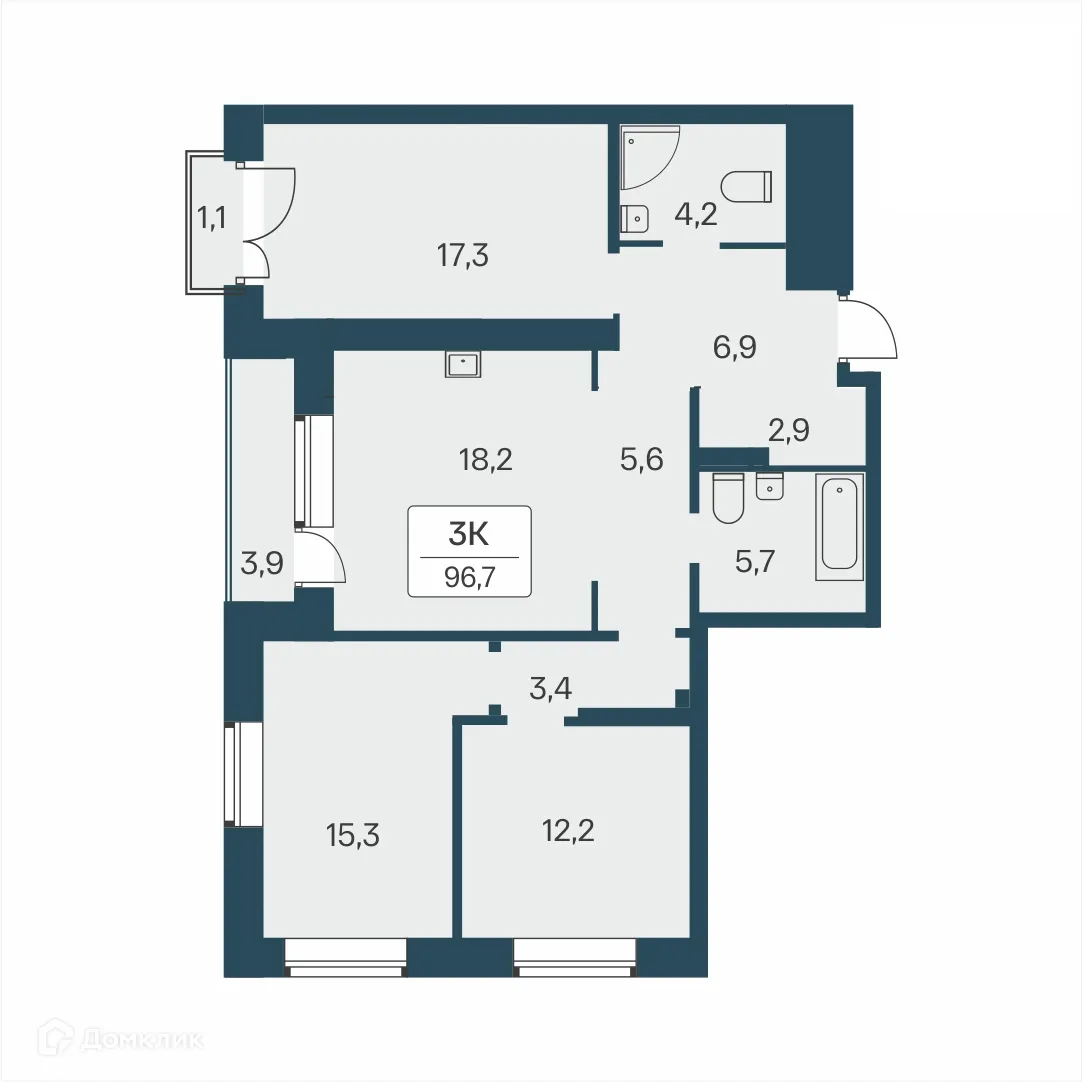 Планировка 3-комнатной квартиры 96.7 м² в ЖК Расцветай на Красном, г. Новосибирск — фото 1
