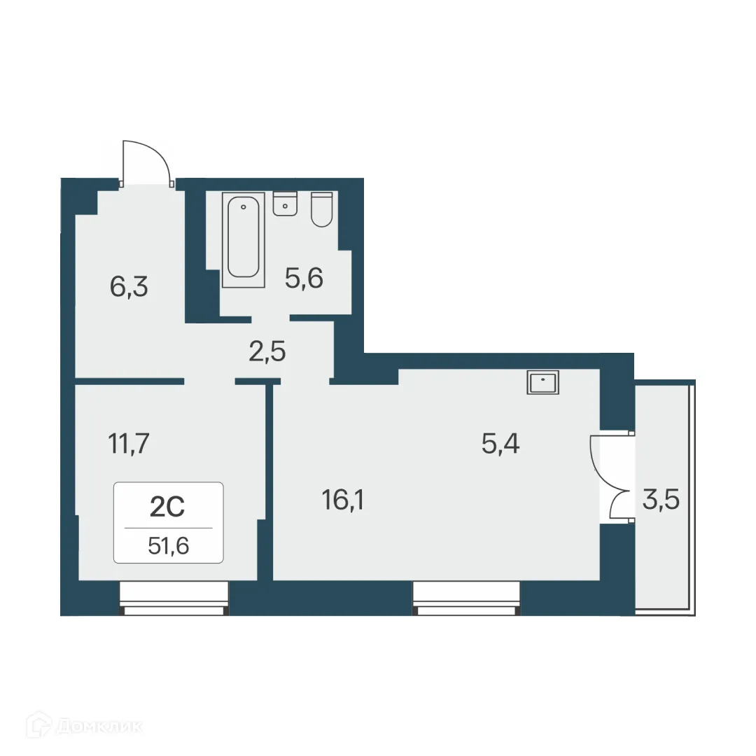 Планировка 2-комнатной квартиры 51.6 м² в ЖК Расцветай на Красном, г. Новосибирск — фото 1