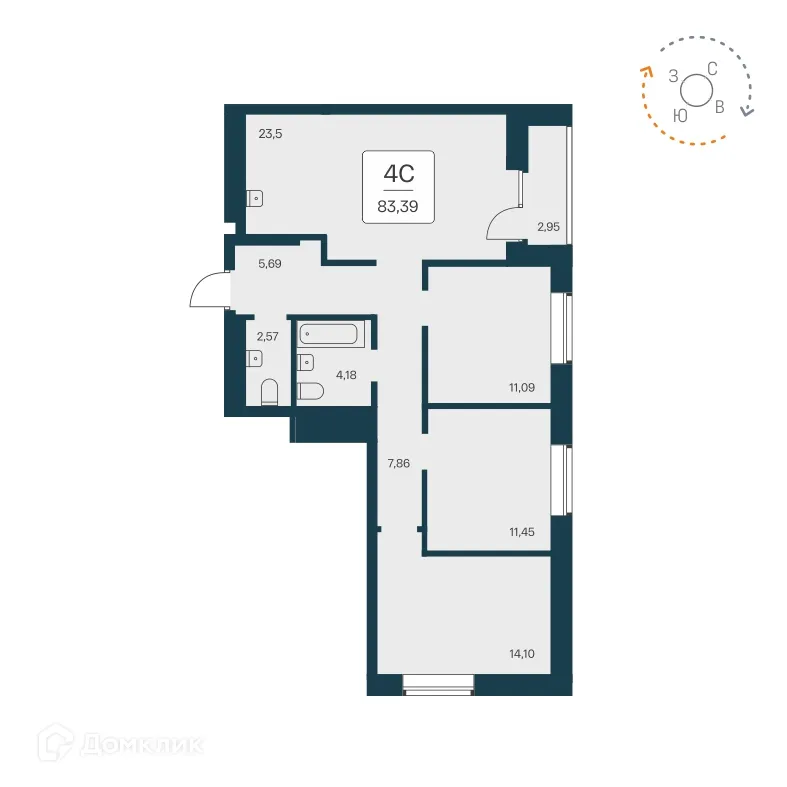 Планировка 4-комнатной квартиры 83.7 м² в ЖК Расцветай на Красном, г. Новосибирск — фото 1