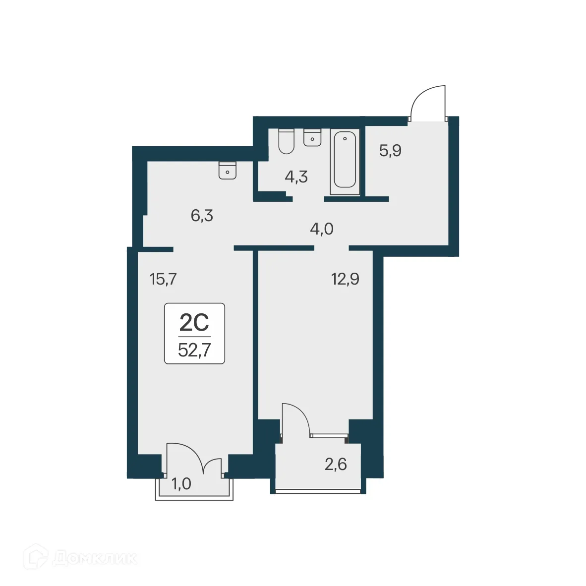 Планировка 2-комнатной квартиры 52.7 м² в ЖК Расцветай на Красном, г. Новосибирск — фото 1