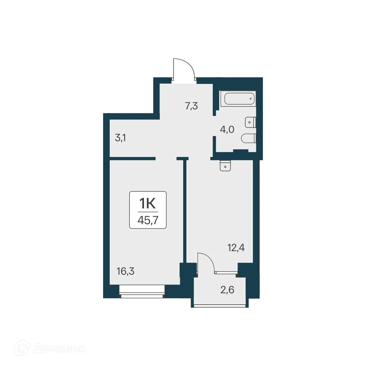 Планировка 1-комнатной квартиры 45.7 м² в ЖК Расцветай на Красном, г. Новосибирск — фото 1
