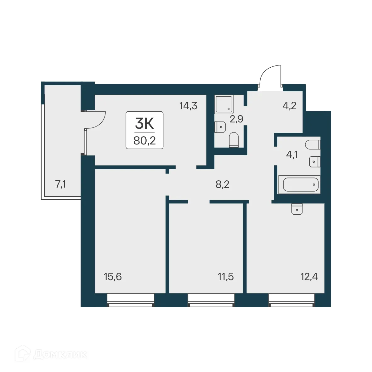 Планировка 3-комнатной квартиры 80.2 м² в ЖК Расцветай на Красном, г. Новосибирск — фото 1