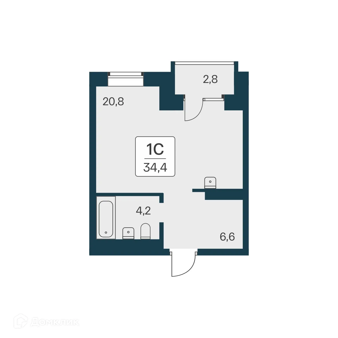 Планировка студии квартиры 34.4 м² в ЖК Расцветай на Красном, г. Новосибирск — фото 1
