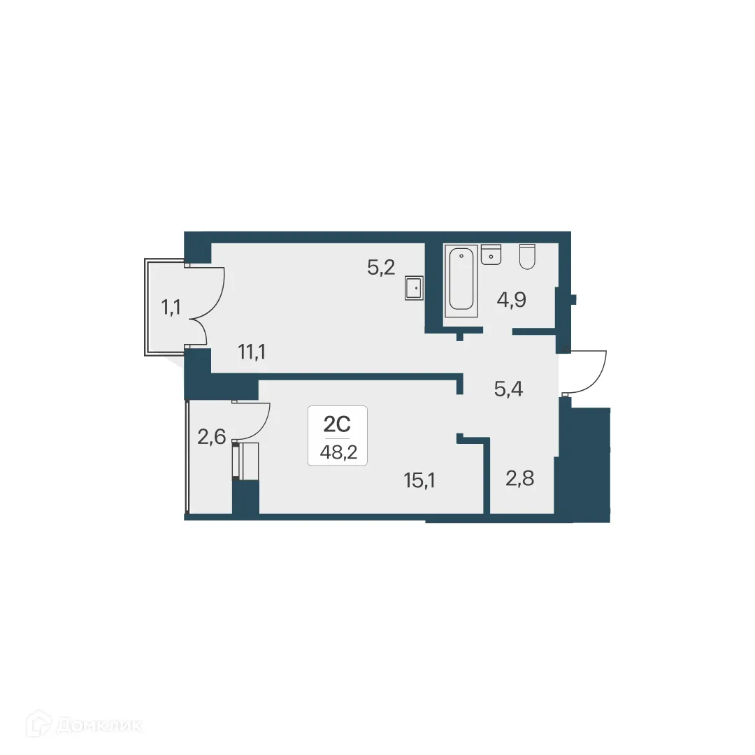 Планировка 2-комнатной квартиры 48.2 м² в ЖК Расцветай на Красном, г. Новосибирск — фото 1