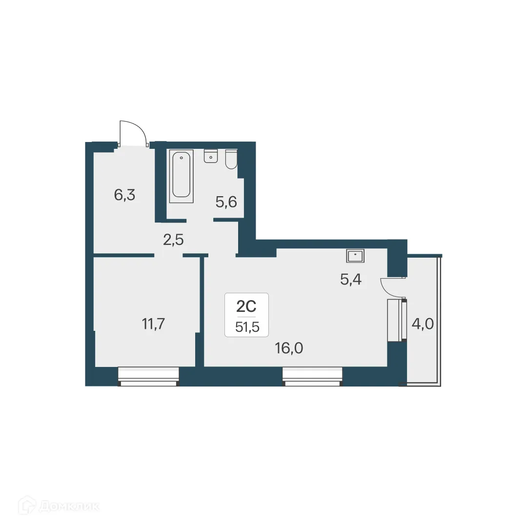 Планировка 2-комнатной квартиры 51.5 м² в ЖК Расцветай на Красном, г. Новосибирск — фото 1