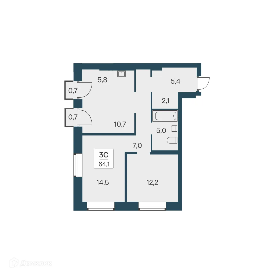 Планировка 3-комнатной квартиры 64.1 м² в ЖК Расцветай на Красном, г. Новосибирск — фото 1