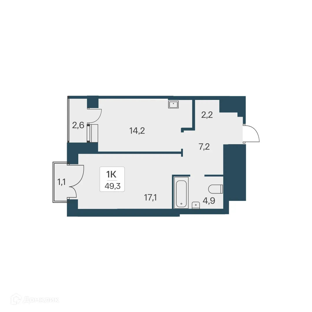 Планировка 1-комнатной квартиры 49.3 м² в ЖК Расцветай на Красном, г. Новосибирск — фото 1