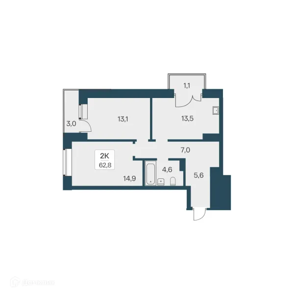 Планировка 2 комн. в ЖК Расцветай на Красном