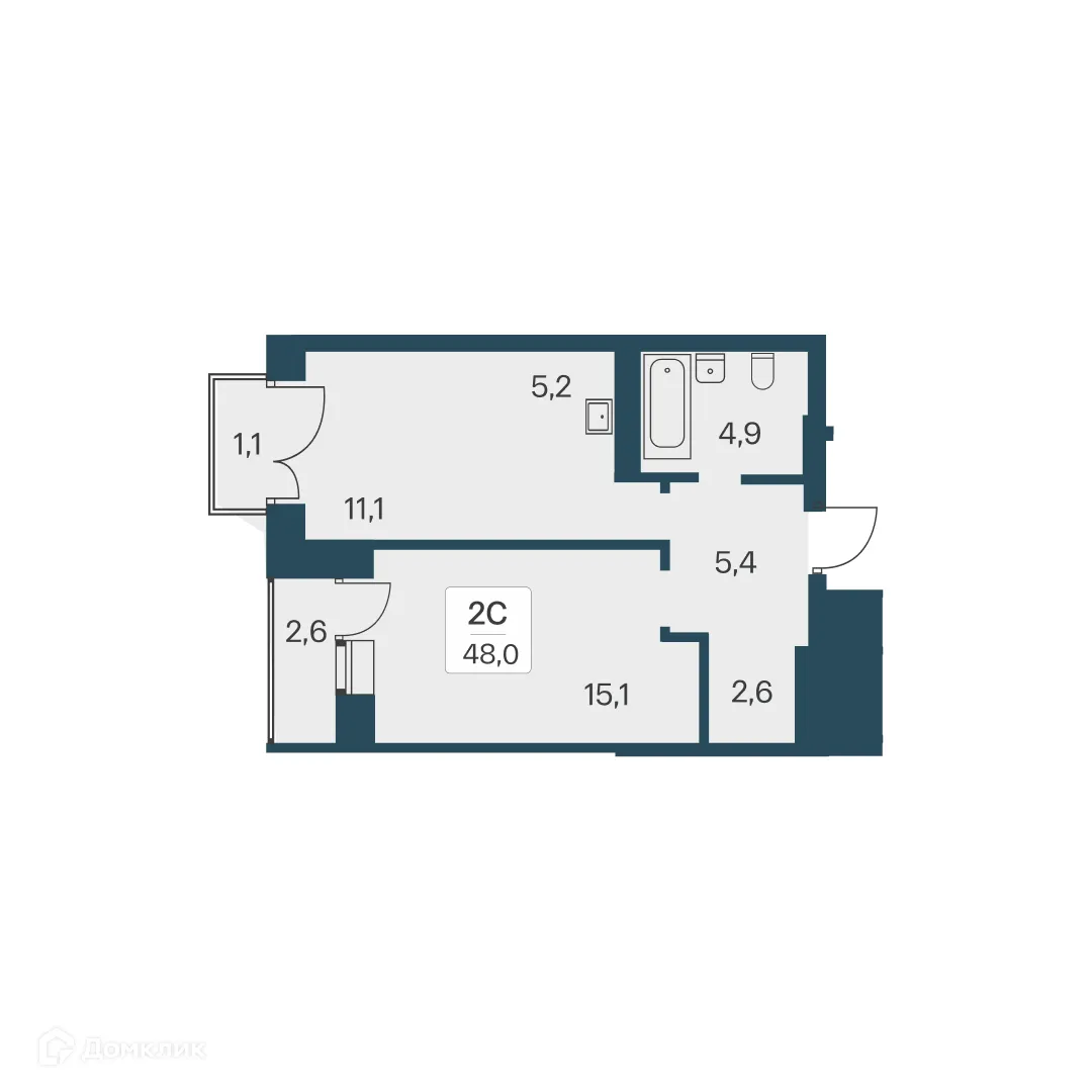 Планировка 2-комнатной квартиры 48 м² в ЖК Расцветай на Красном, г. Новосибирск — фото 1