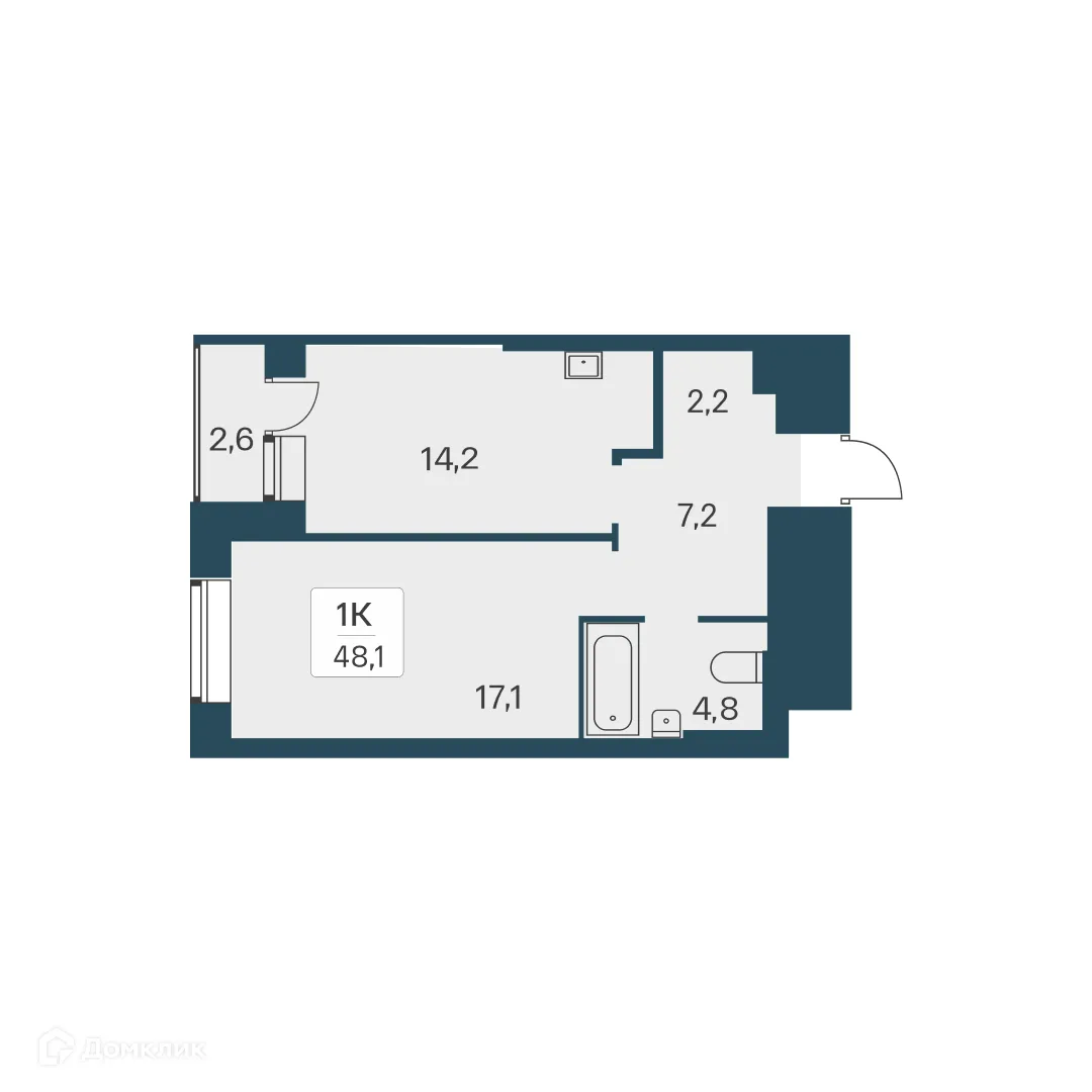 Планировка 1-комнатной квартиры 48.1 м² в ЖК Расцветай на Красном, г. Новосибирск — фото 1