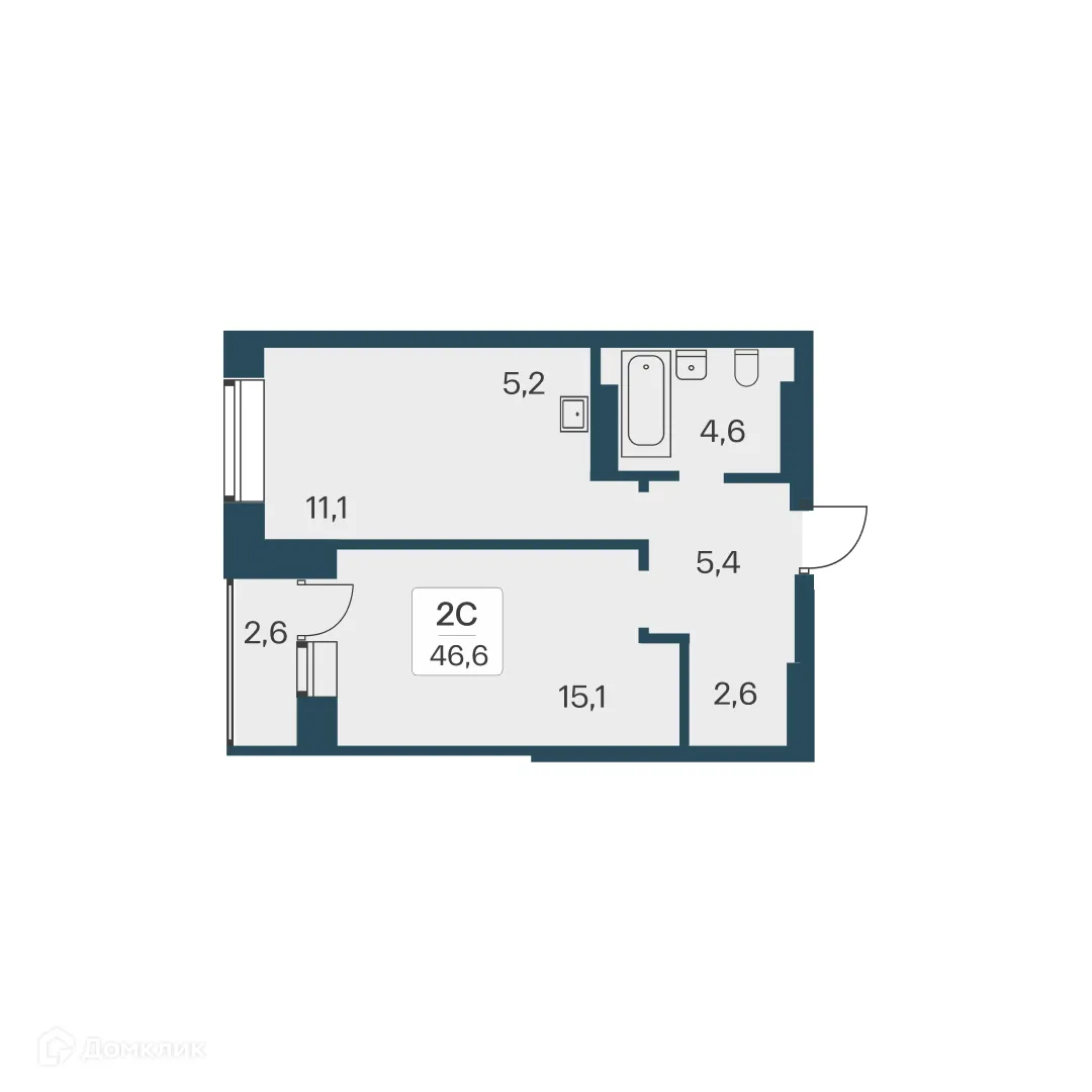 Планировка 2-комнатной квартиры 46.6 м² в ЖК Расцветай на Красном, г. Новосибирск — фото 1