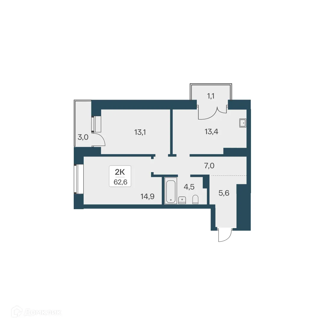 Планировка 2-комнатной квартиры 62.6 м² в ЖК Расцветай на Красном, г. Новосибирск — фото 1