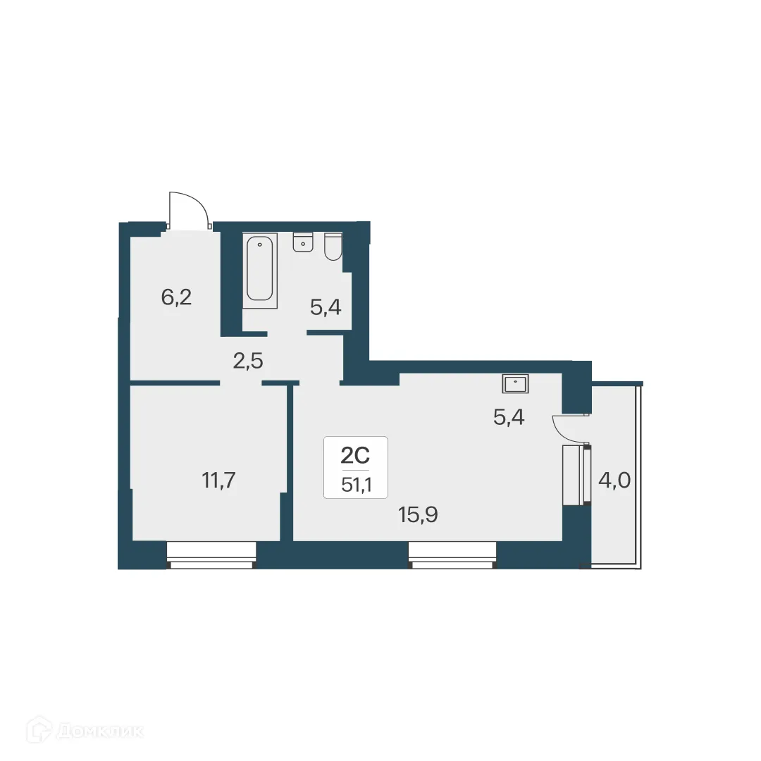 Планировка 2-комнатной квартиры 51.1 м² в ЖК Расцветай на Красном, г. Новосибирск — фото 1
