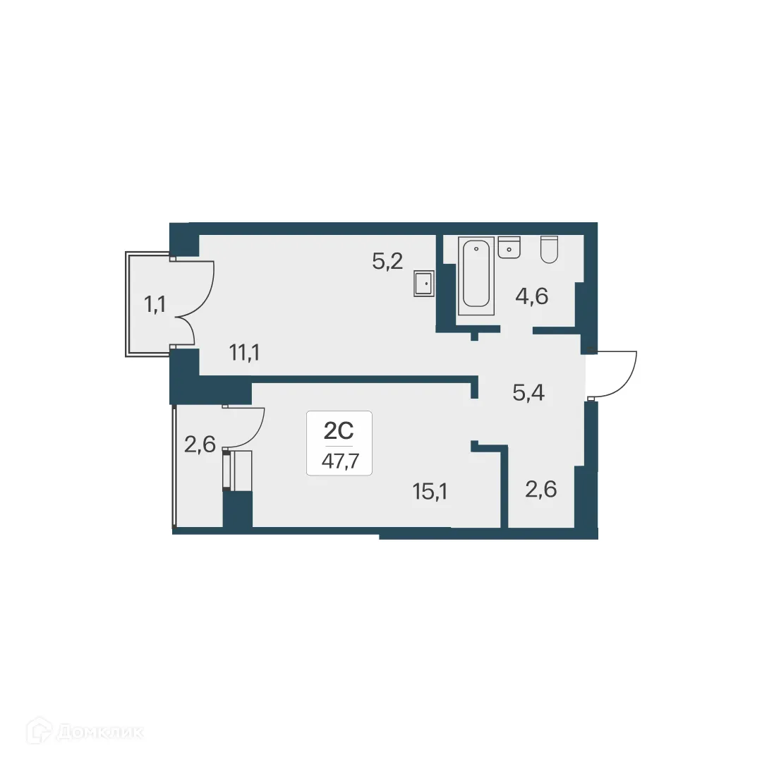 Планировка 2-комнатной квартиры 47.7 м² в ЖК Расцветай на Красном, г. Новосибирск — фото 1