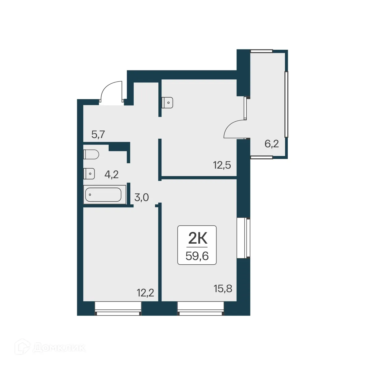 Планировка 2-комнатной квартиры 59.6 м² в ЖК Расцветай на Красном, г. Новосибирск — фото 1