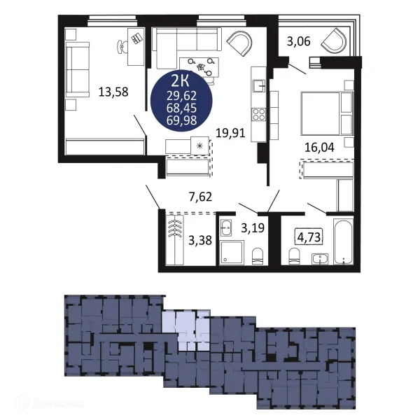 Планировка 2 комн. в ЖК "Первый на Рябиновой"