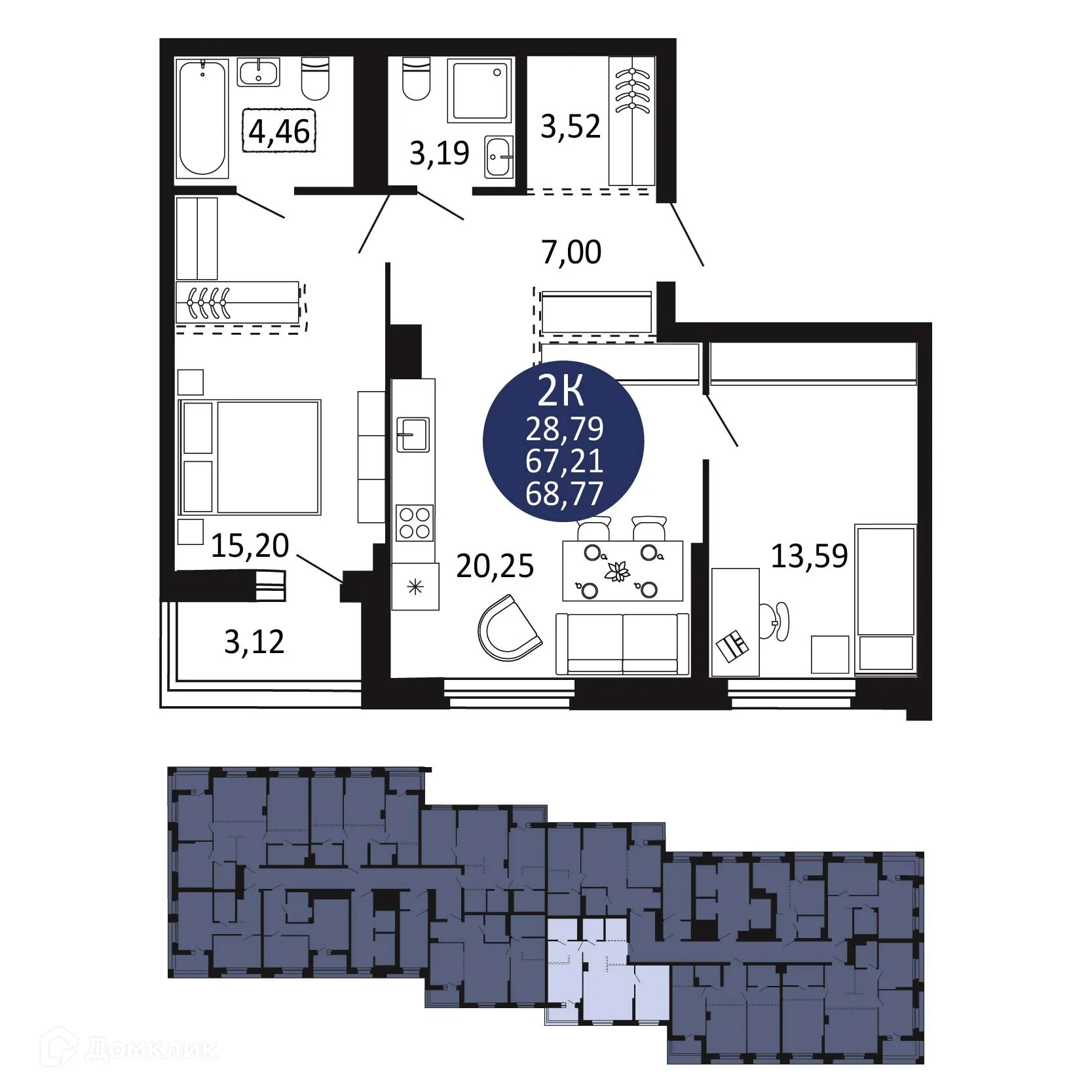 Планировка 2-комнатной квартиры 68.77 м² в ЖК "Первый на Рябиновой", г. Новосибирск — фото 1