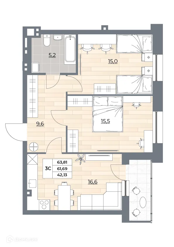 Планировка 3-комнатной квартиры 63.81 м² в ЖК Рубин, г. Новосибирск — фото 3