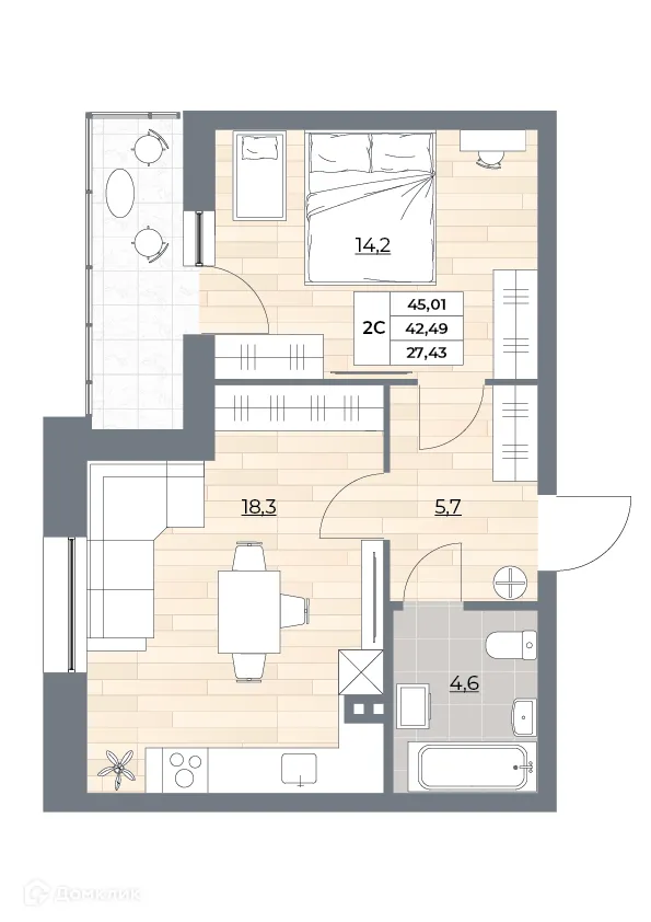 Планировка 2-комнатной квартиры 45.01 м² в ЖК Рубин, г. Новосибирск — фото 3