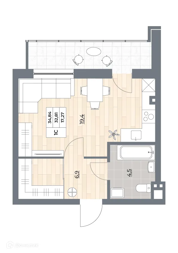 Планировка студии квартиры 34.26 м² в ЖК Рубин, г. Новосибирск — фото 3