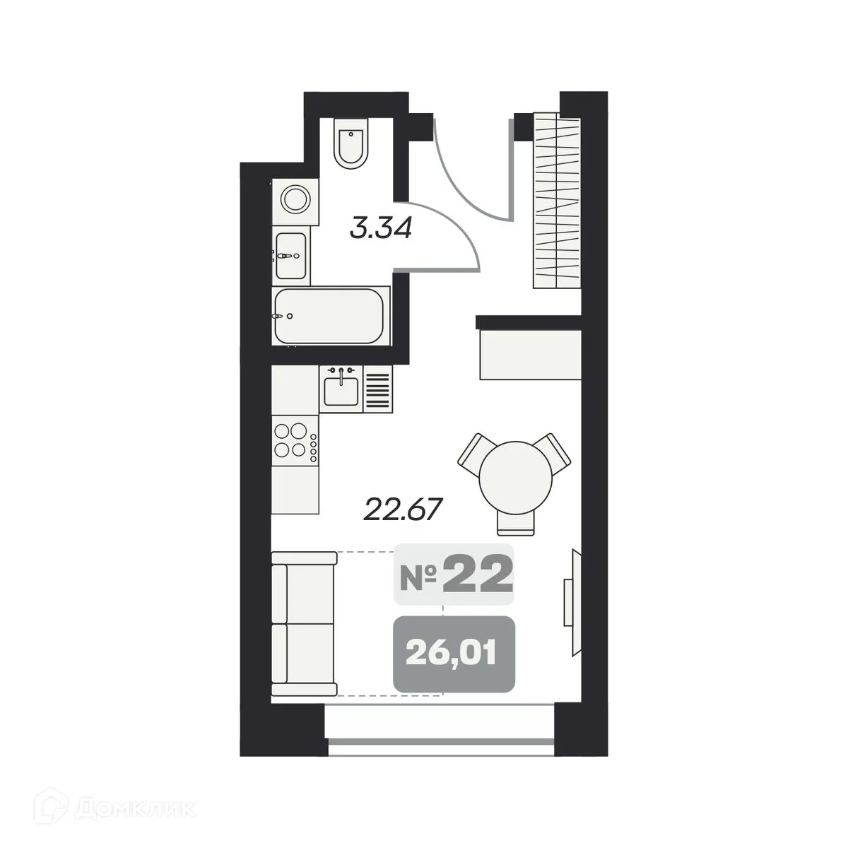 Планировка студии квартиры 26.01 м² в ЖК АЭРОН, г. Новосибирск — фото 1
