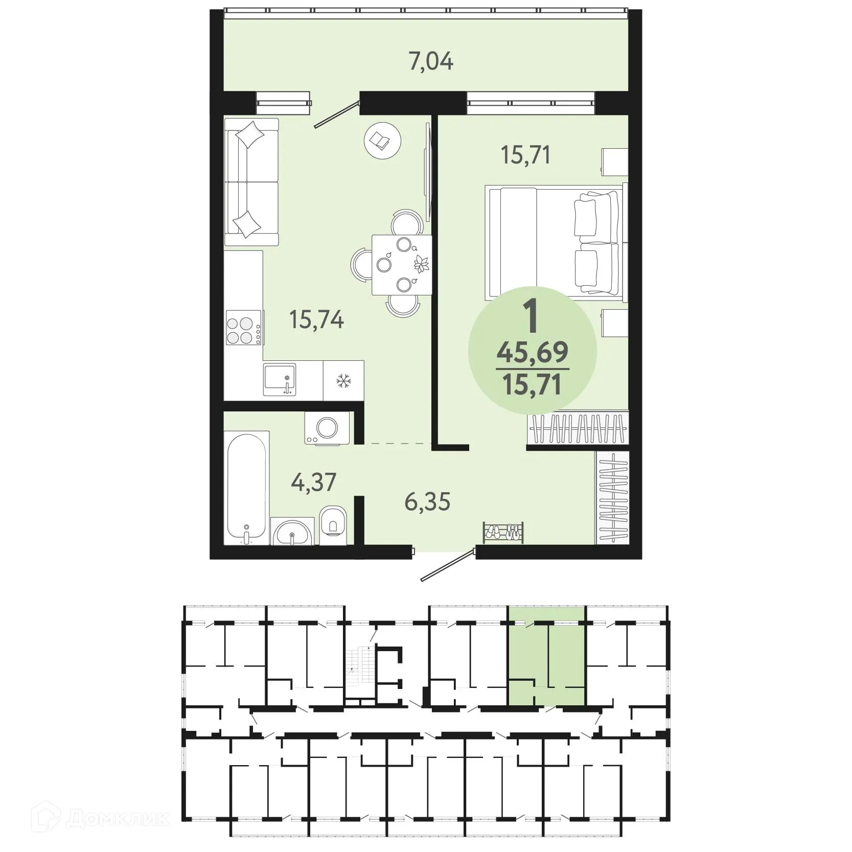 Планировка 1-комнатной квартиры 45.69 м² в ЖК Новый парк, г. Обь — фото 1