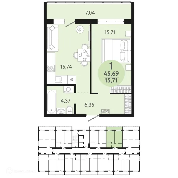 Планировка 1 комн. в ЖК Новый парк