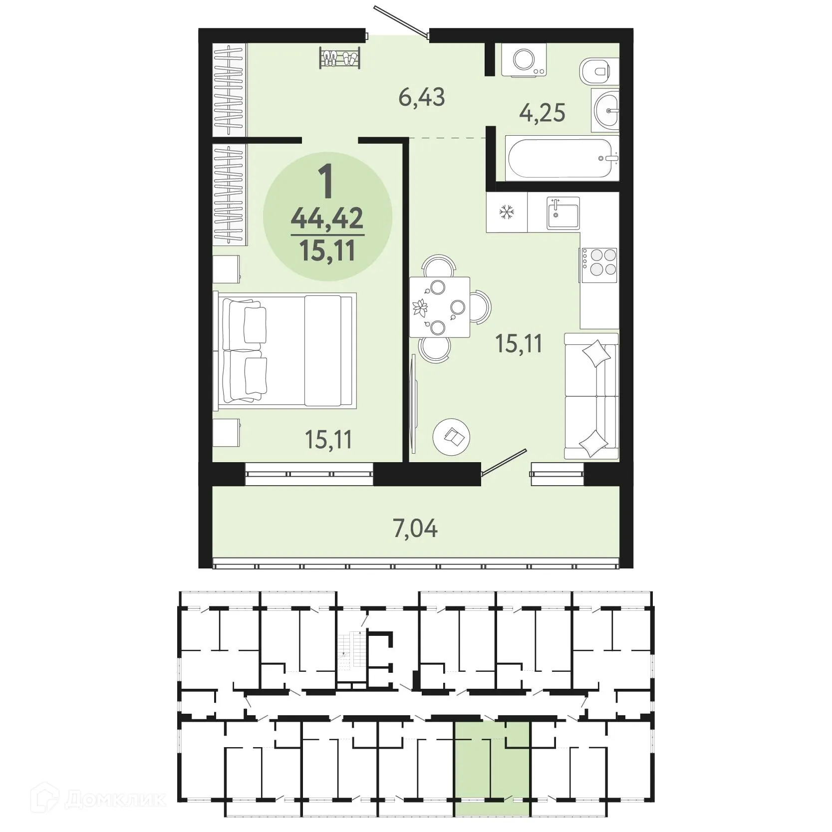 Планировка 1-комнатной квартиры 44.42 м² в ЖК Новый парк, г. Обь — фото 1