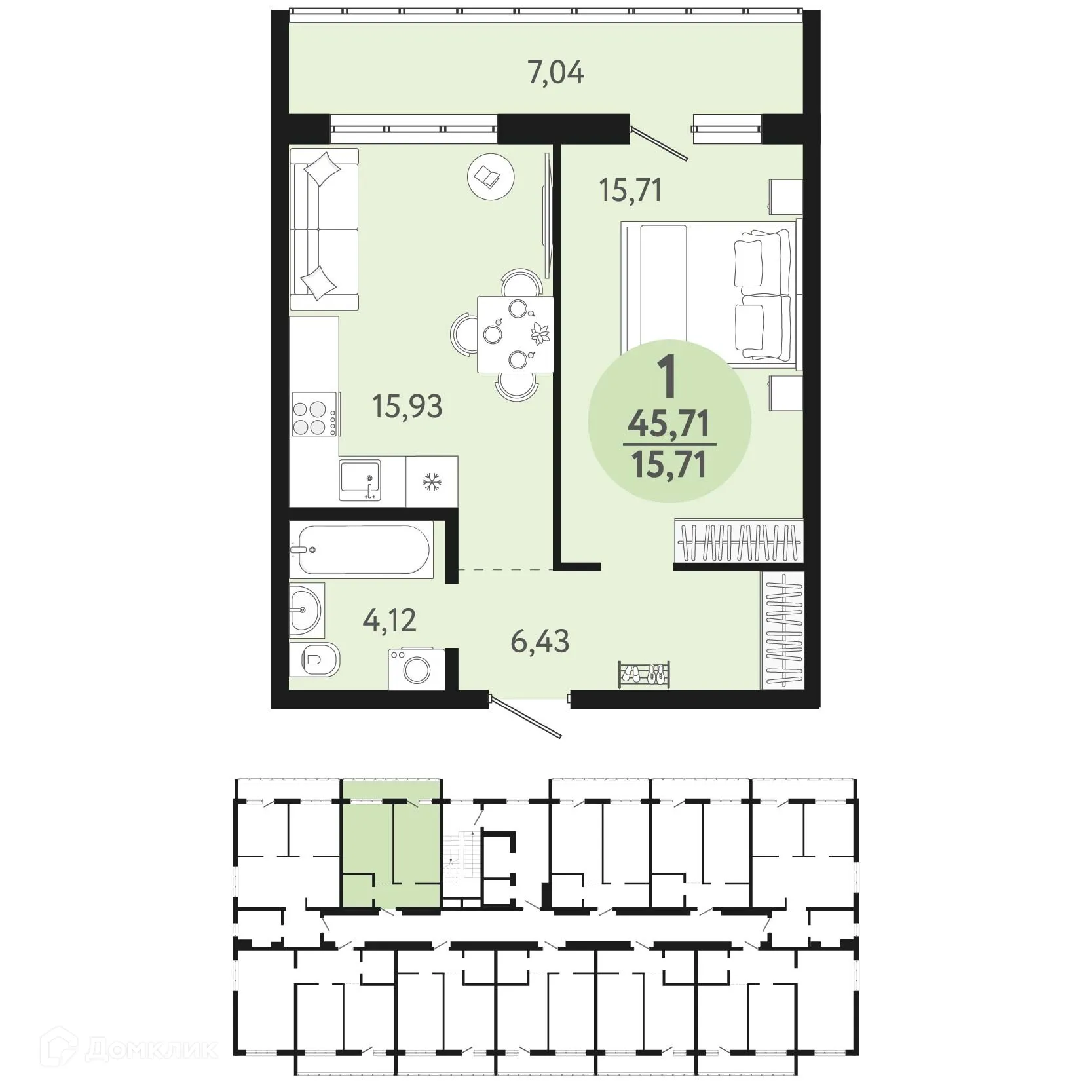 Планировка 1-комнатной квартиры 45.71 м² в ЖК Новый парк, г. Обь — фото 1