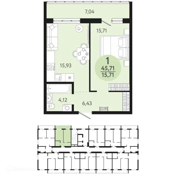 Планировка 1 комн. в ЖК Новый парк
