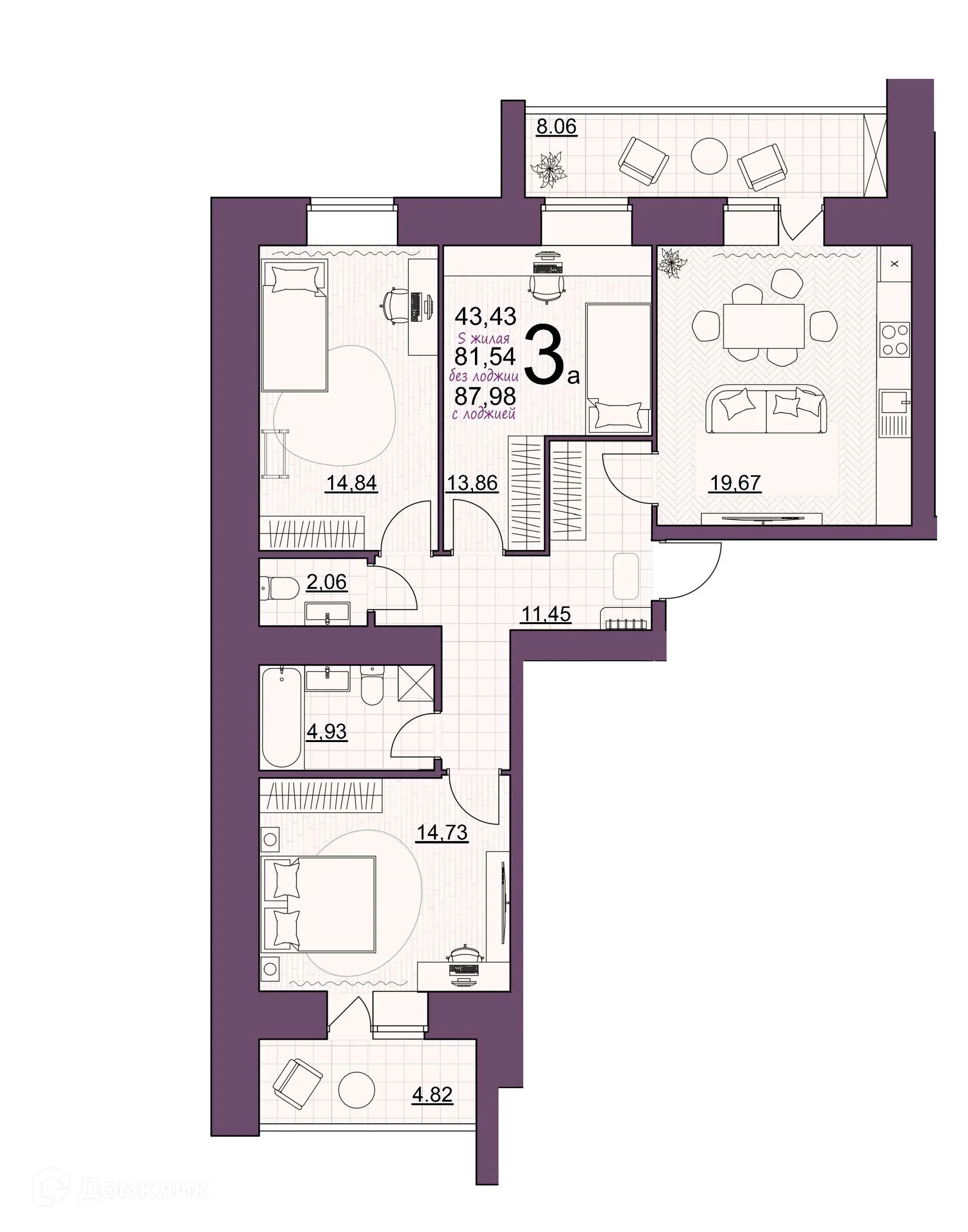 Планировка 3-комнатной квартиры 87.98 м² в ЖК Дом по ул Шашина, г. Октябрьский — фото 1