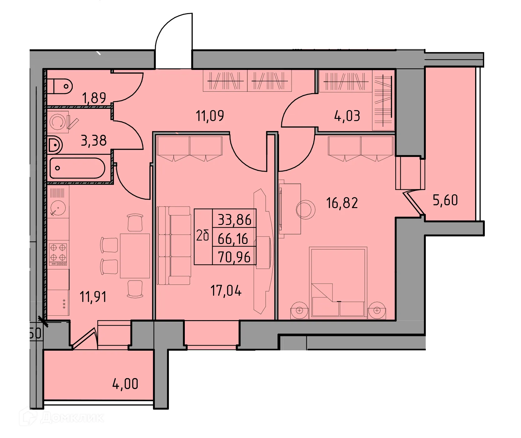 Планировка 2-комнатной квартиры 70.96 м² в ЖК Дом по ул Шашина 26, г. Октябрьский — фото 1