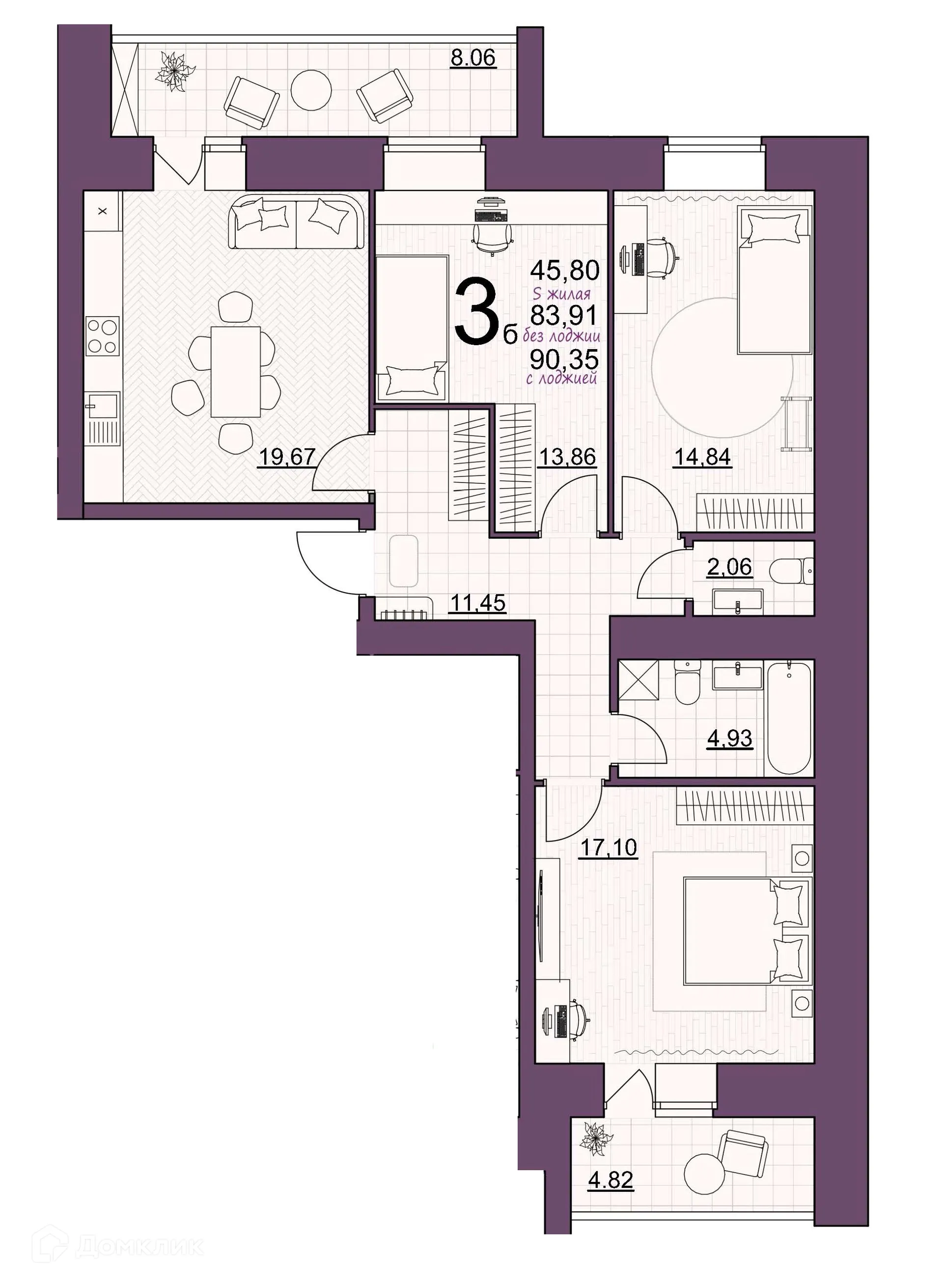 Планировка 3-комнатной квартиры 90.35 м² в ЖК Дом по ул Шашина, г. Октябрьский — фото 1