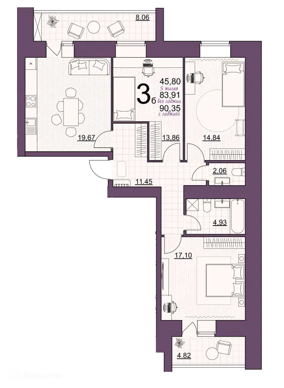 Планировка 3 комн. в ЖК Дом по ул Шашина