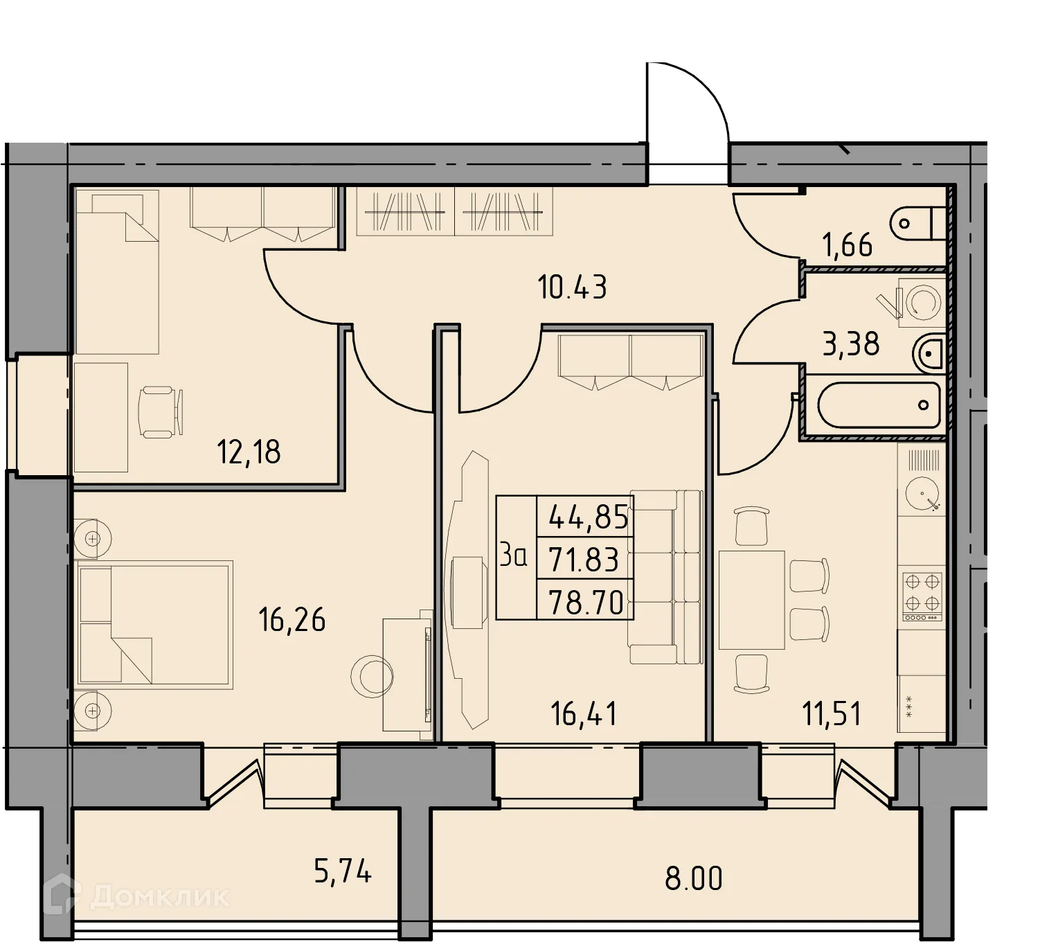 Планировка 3-комнатной квартиры 78.7 м² в ЖК Дом по ул Шашина 26, г. Октябрьский — фото 1