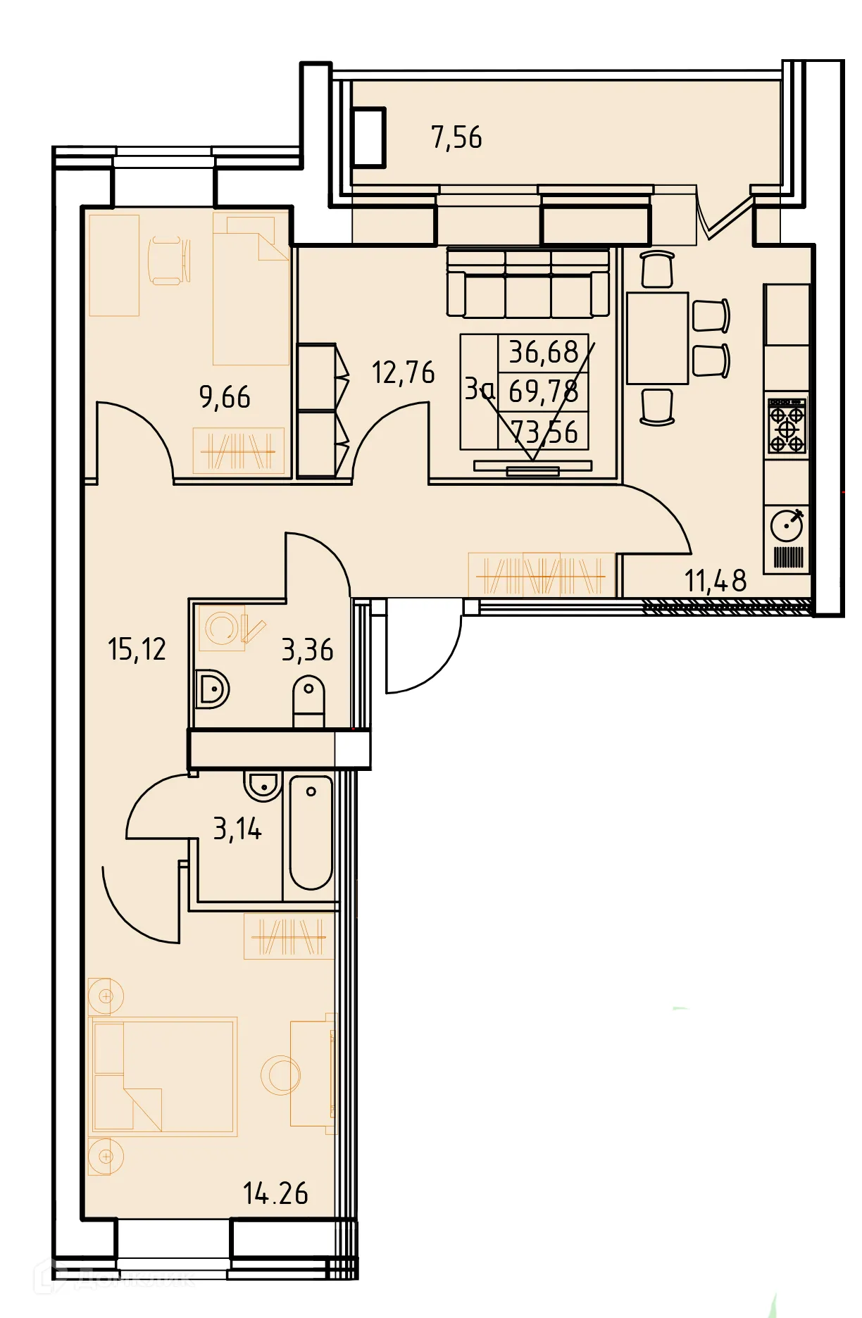 Планировка 3-комнатной квартиры 73.56 м² в ЖК Дом на Московском проспекте, г. Октябрьский — фото 1