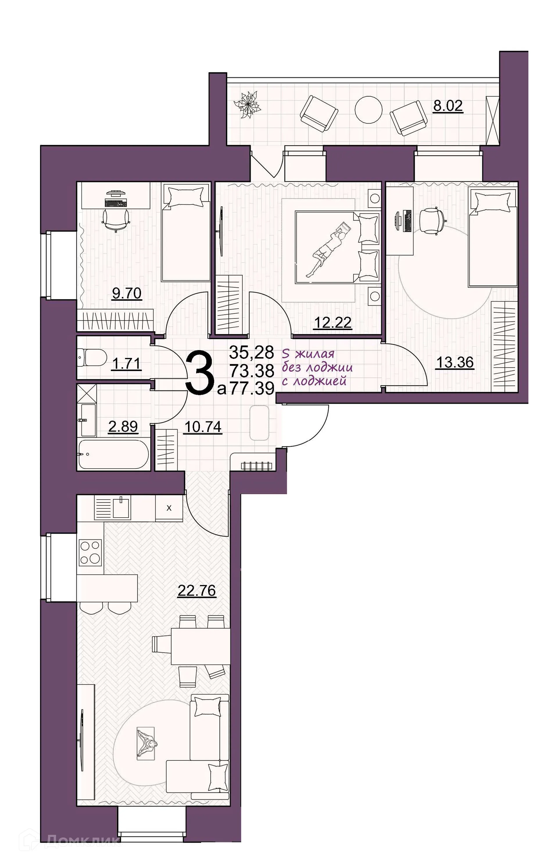 Планировка 3-комнатной квартиры 77.39 м² в ЖК Дом по ул Шашина, г. Октябрьский — фото 1