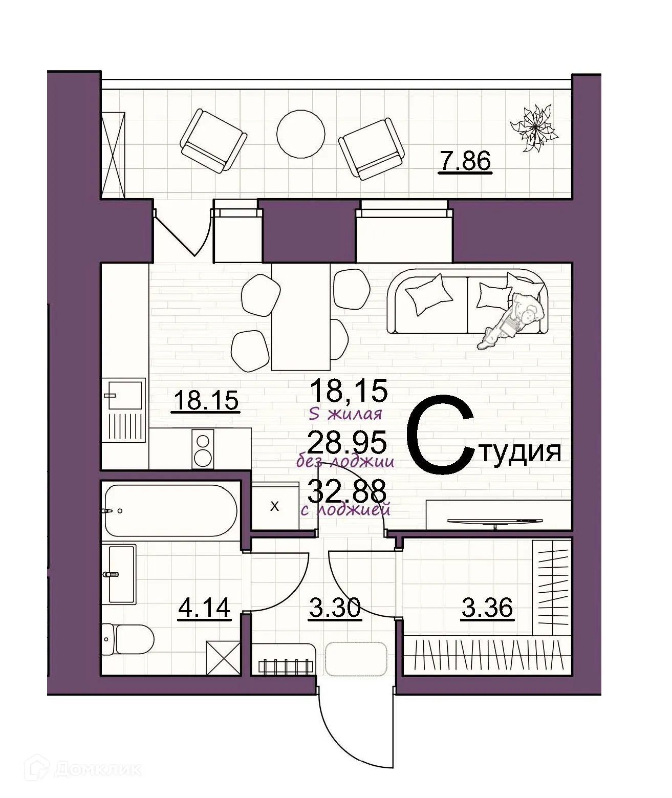 Планировка студии квартиры 32.88 м² в ЖК Дом по ул Шашина, г. Октябрьский — фото 1