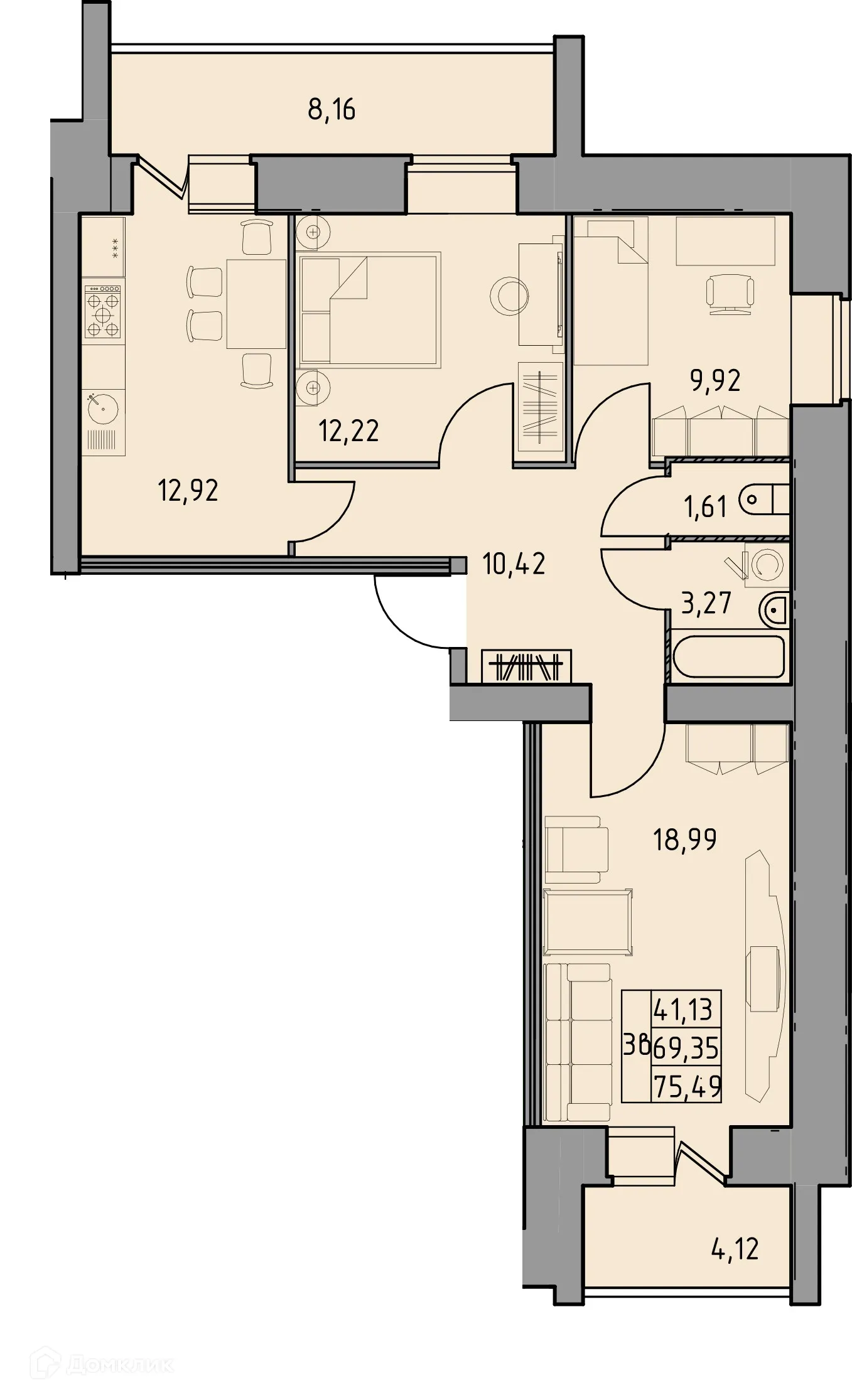 Планировка 3-комнатной квартиры 75.49 м² в ЖК Дом по ул Шашина 26, г. Октябрьский — фото 1